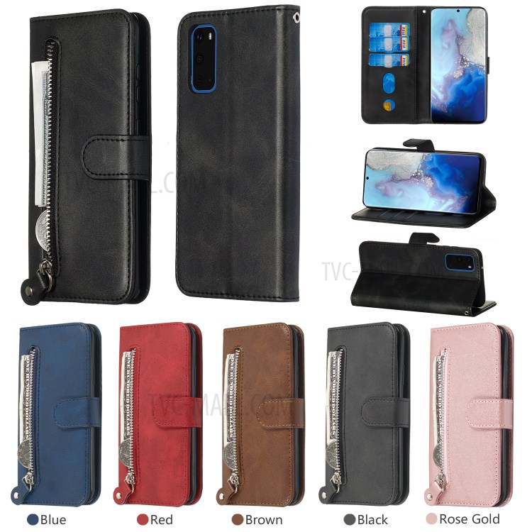 Zipper Pocket Leather Wallet Stand Case for Samsung Galaxy S20 - Black-13