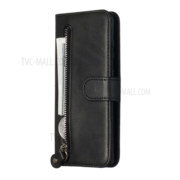 Zipper Pocket Leather Wallet Stand Case for Samsung Galaxy S20 - Black-4