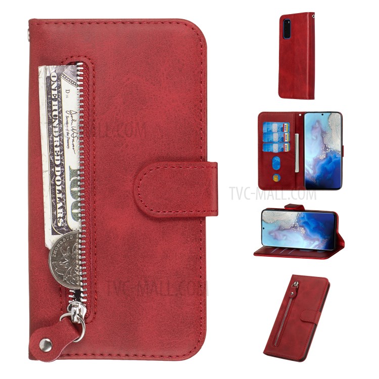 Zipper Pocket Leather Wallet Stand Case for Samsung Galaxy S20 - Red-1