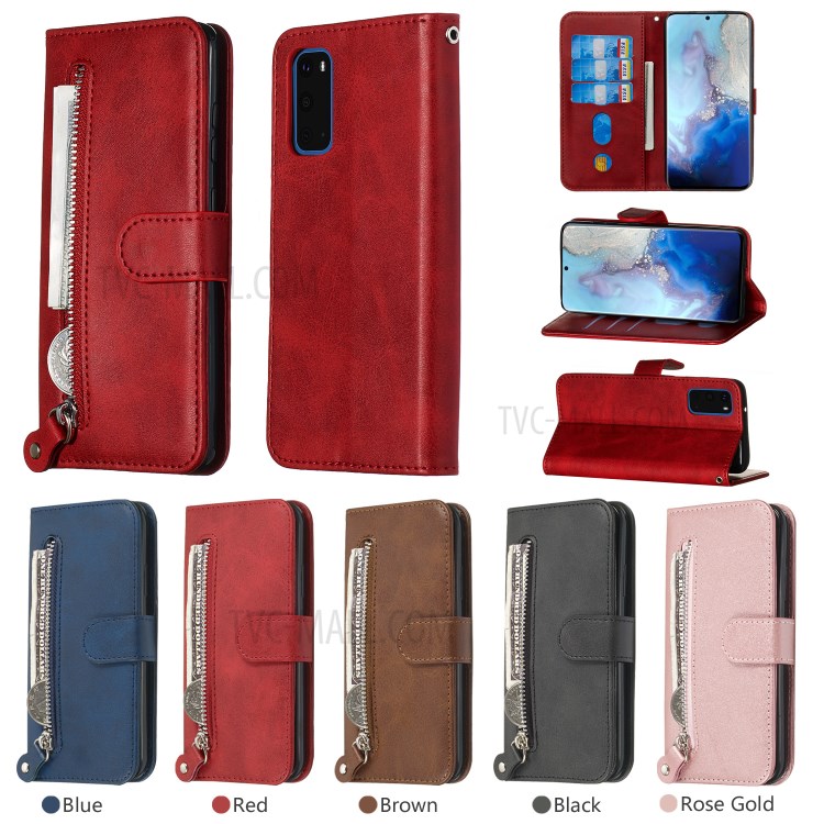 Zipper Pocket Leather Wallet Stand Case for Samsung Galaxy S20 - Red-13