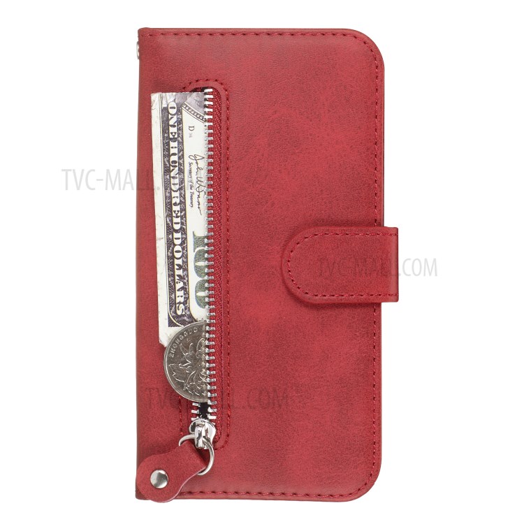 Zipper Pocket Leather Wallet Stand Case for Samsung Galaxy S20 - Red-2