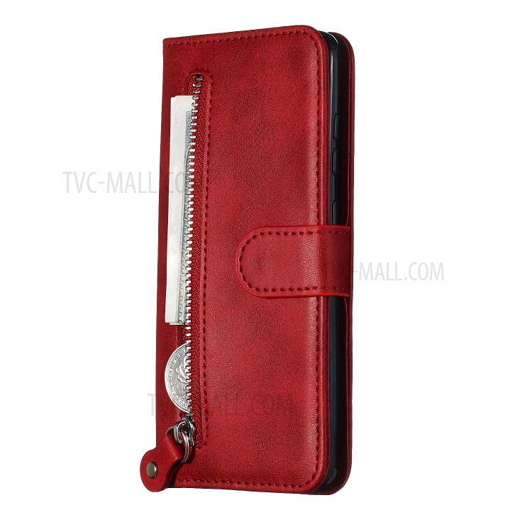 Zipper Pocket Leather Wallet Stand Case for Samsung Galaxy S20 - Red-4