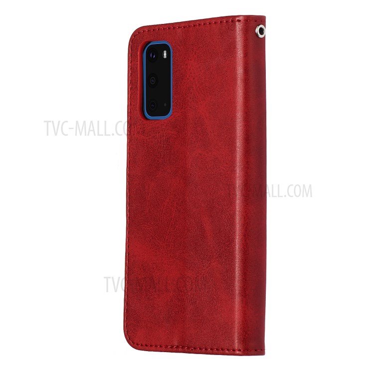 Zipper Pocket Leather Wallet Stand Case for Samsung Galaxy S20 - Red-5