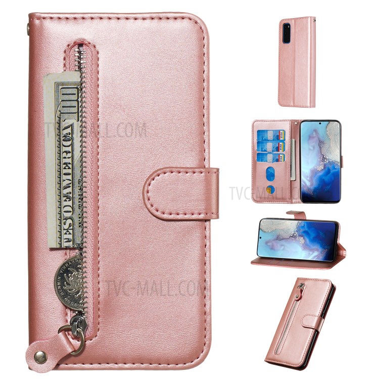 Zipper Pocket Leather Wallet Stand Case for Samsung Galaxy S20 - Rose Gold-1