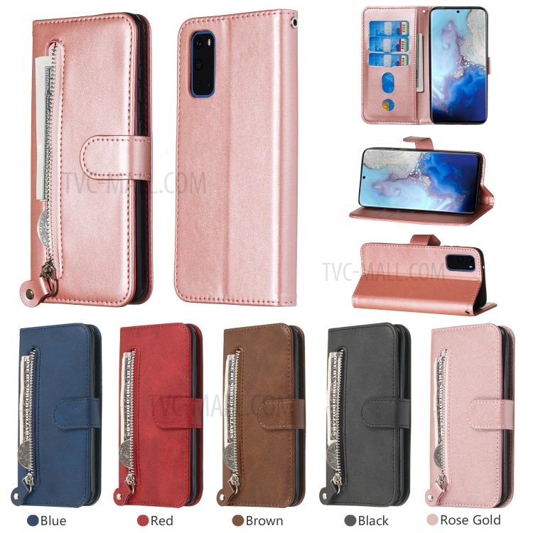 Zipper Pocket Leather Wallet Stand Case for Samsung Galaxy S20 - Rose Gold-13