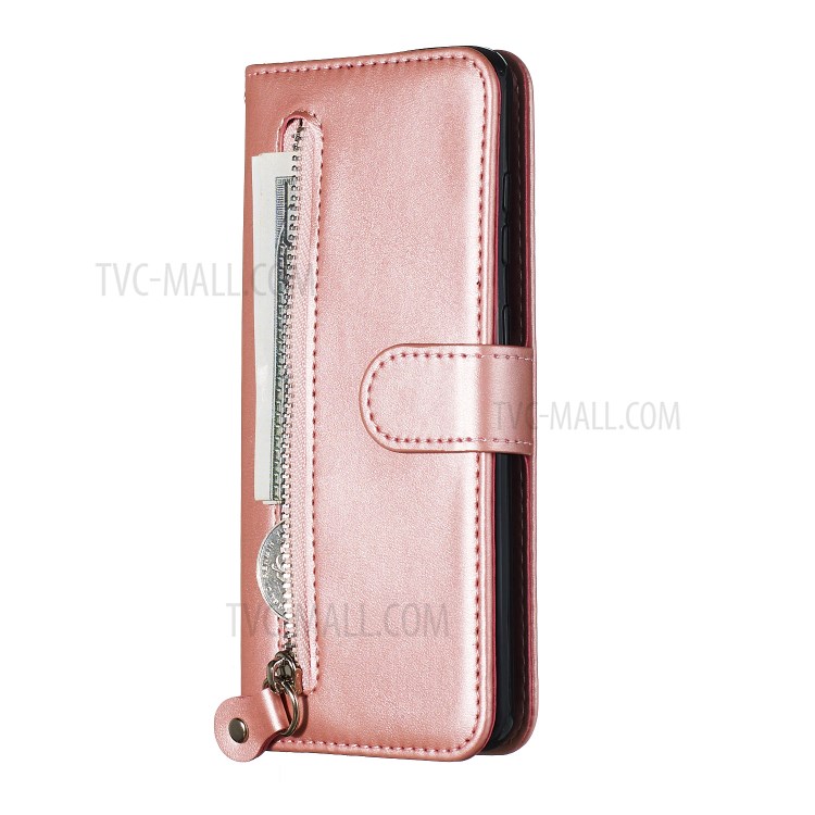 Zipper Pocket Leather Wallet Stand Case for Samsung Galaxy S20 - Rose Gold-4