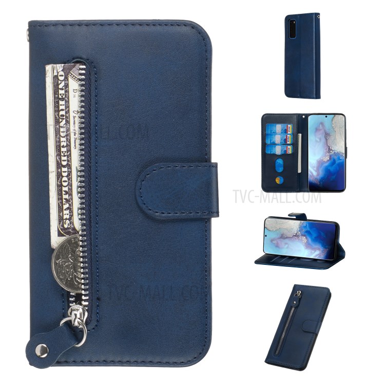 Zipper Pocket Leather Wallet Stand Case for Samsung Galaxy S20 - Blue-1
