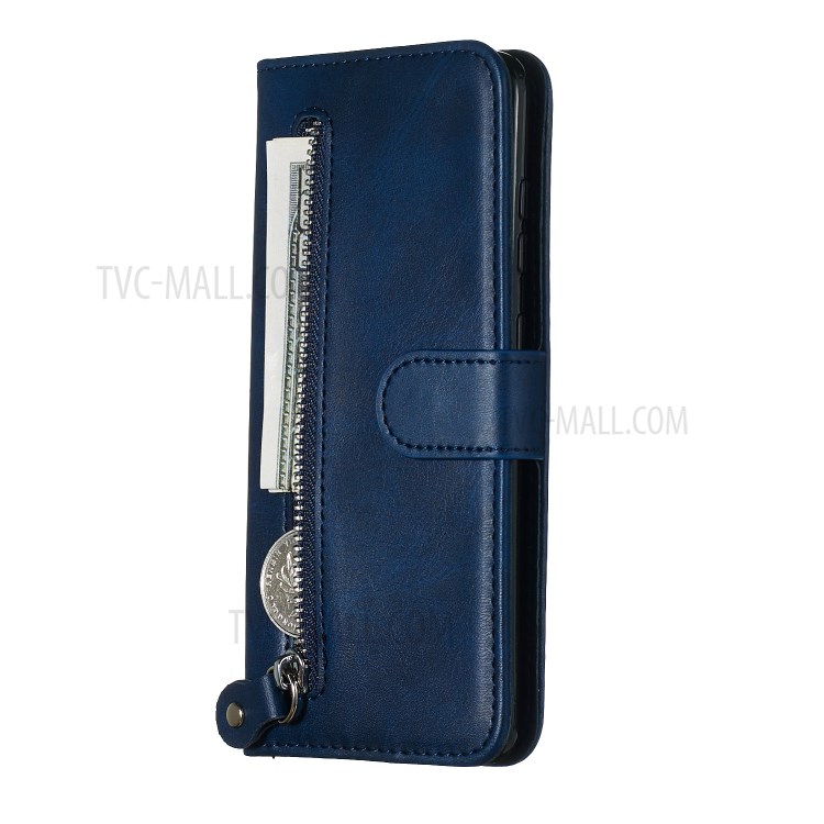 Zipper Pocket Leather Wallet Stand Case for Samsung Galaxy S20 - Blue-4