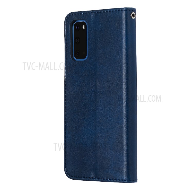 Zipper Pocket Leather Wallet Stand Case for Samsung Galaxy S20 - Blue-5