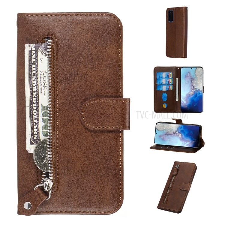 Zipper Pocket Leather Wallet Stand Case for Samsung Galaxy S20 - Brown-1