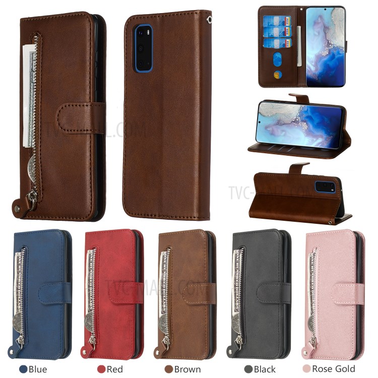 Zipper Pocket Leather Wallet Stand Case for Samsung Galaxy S20 - Brown-13