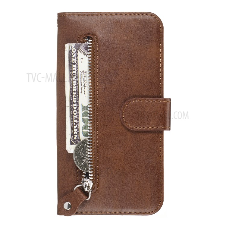 Zipper Pocket Leather Wallet Stand Case for Samsung Galaxy S20 - Brown-2