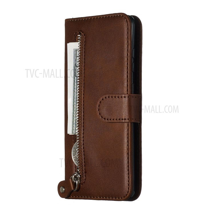 Zipper Pocket Leather Wallet Stand Case for Samsung Galaxy S20 - Brown-4
