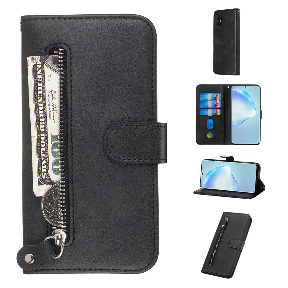 Stylish Zipper Pocket Leather Wallet Case for Samsung Galaxy S20 Plus - Black-1