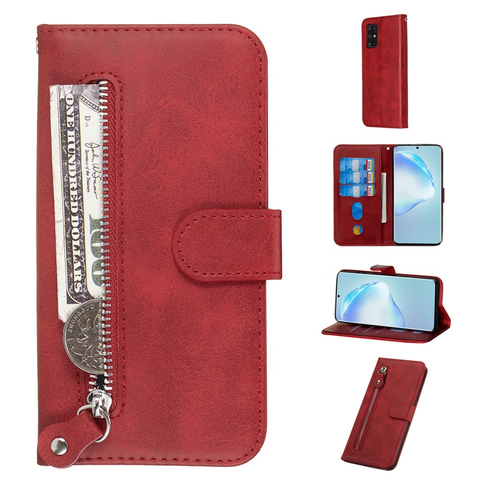Stylish Zipper Pocket Leather Wallet Case for Samsung Galaxy S20 Plus - Red-1