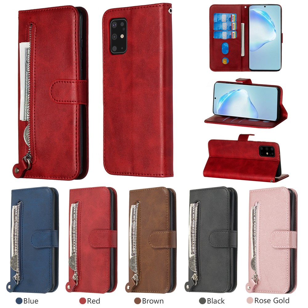 Stylish Zipper Pocket Leather Wallet Case for Samsung Galaxy S20 Plus - Red-13