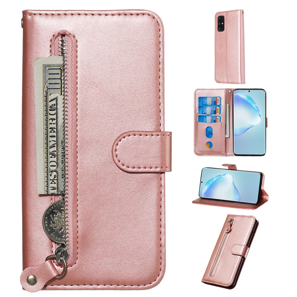 Stylish Zipper Pocket Leather Wallet Case for Samsung Galaxy S20 Plus - Rose Gold-1