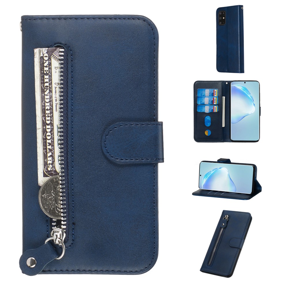 Stylish Zipper Pocket Leather Wallet Case for Samsung Galaxy S20 Plus - Blue-1