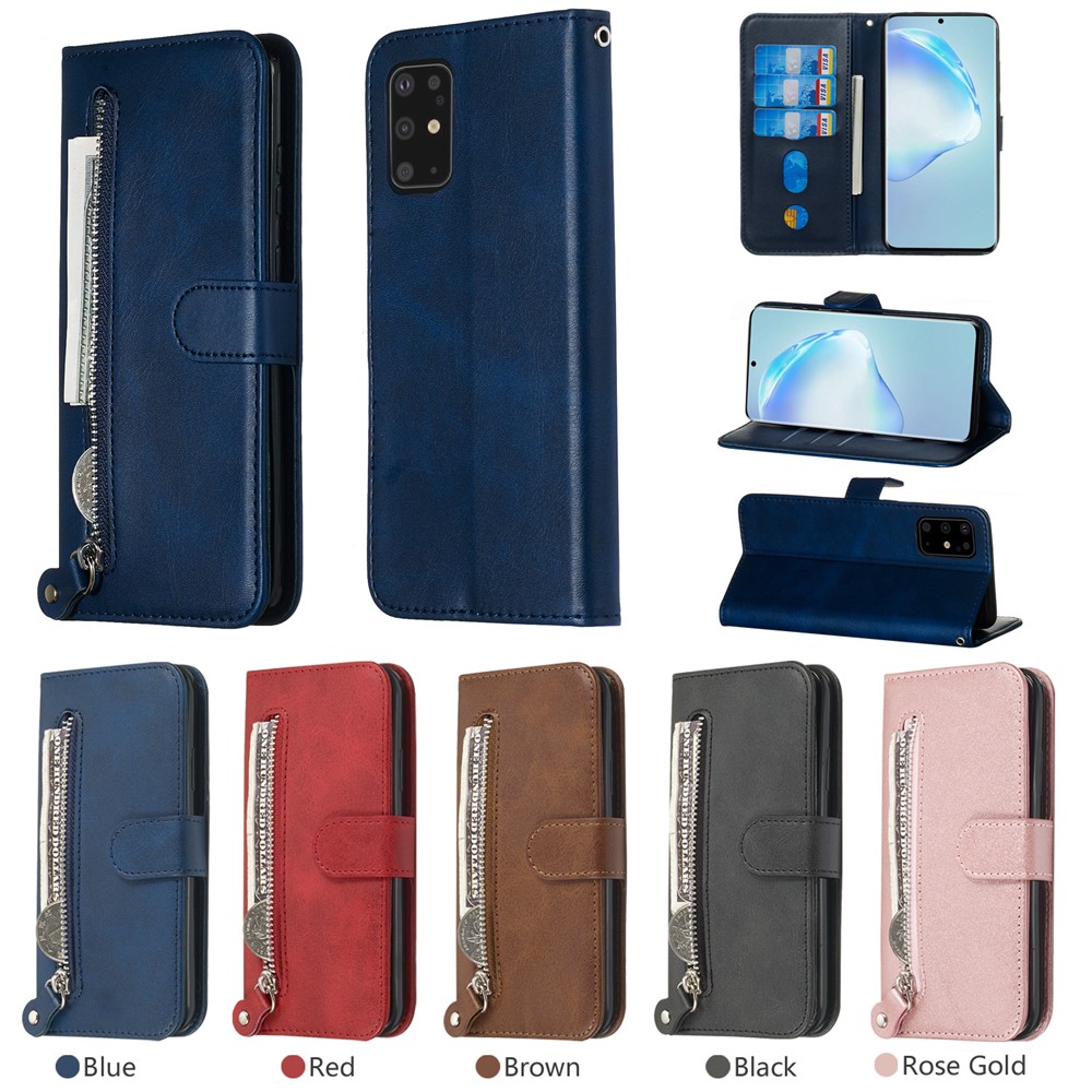 Stylish Zipper Pocket Leather Wallet Case for Samsung Galaxy S20 Plus - Blue-13