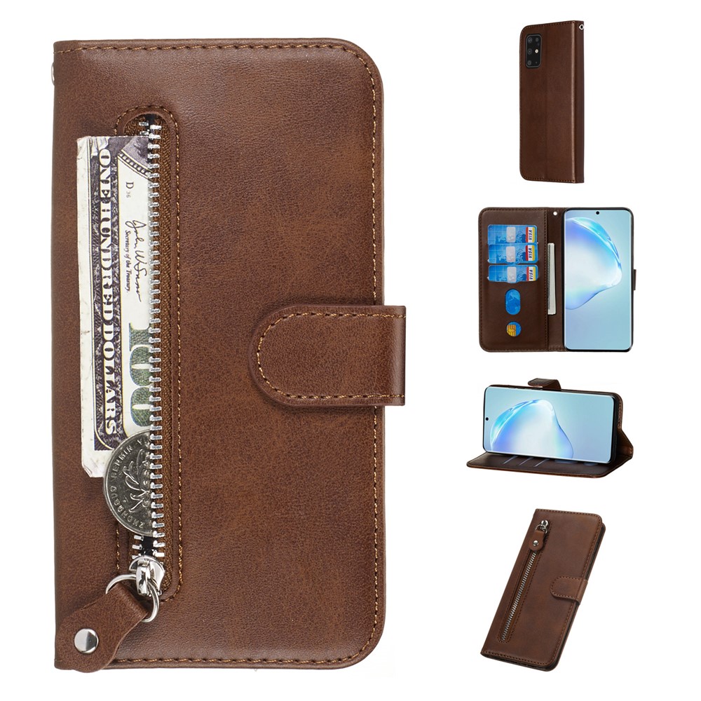 Stylish Zipper Pocket Leather Wallet Case for Samsung Galaxy S20 Plus - Brown-1