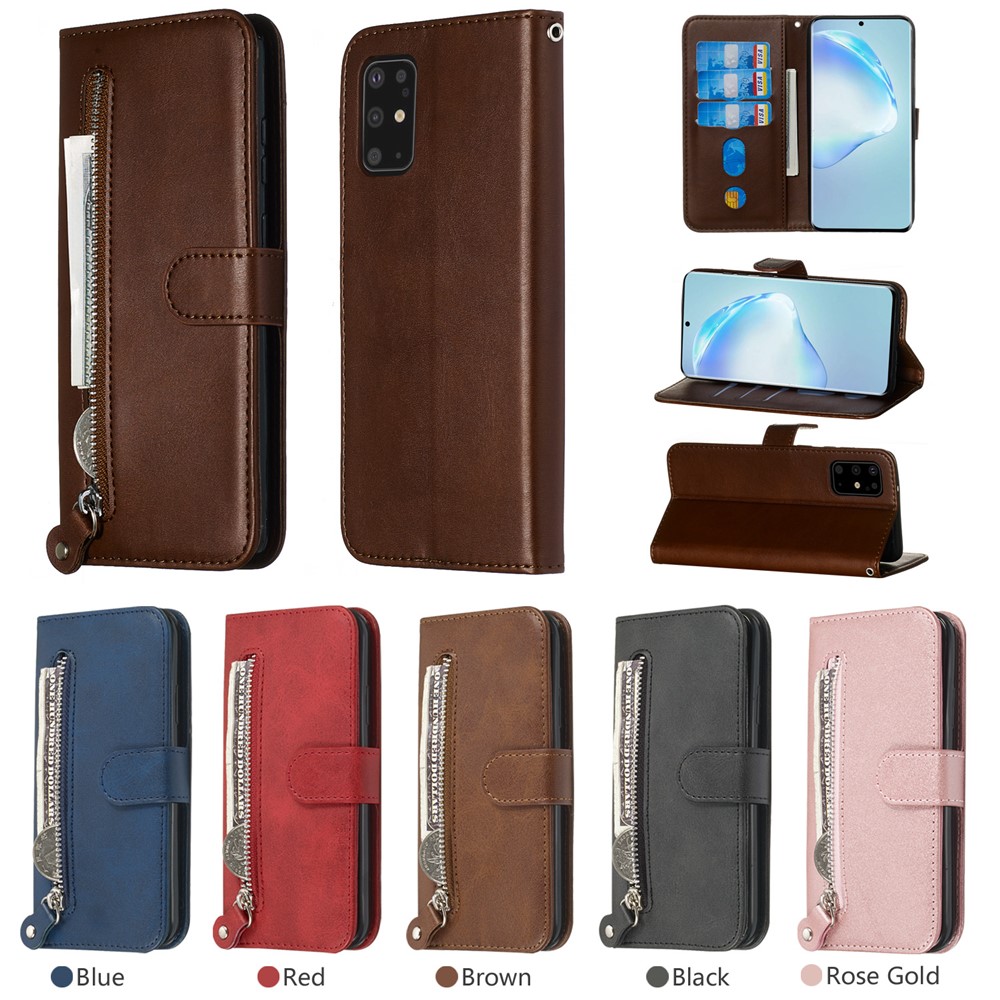 Stylish Zipper Pocket Leather Wallet Case for Samsung Galaxy S20 Plus - Brown-13