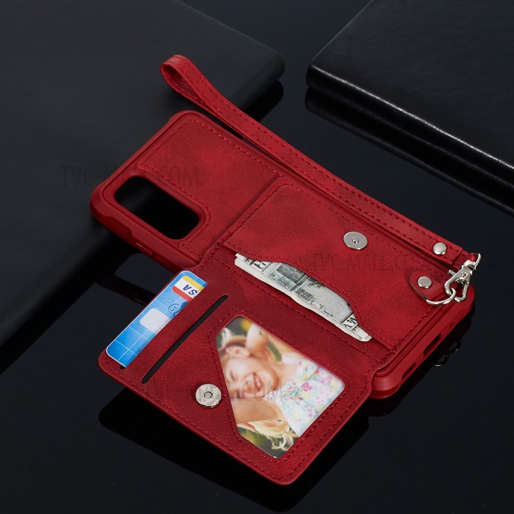 PU Leather Coated TPU Phone Case Cover Card Holder for Samsung Galaxy S20/S11e - Red-11