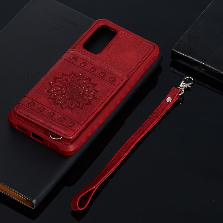 PU Leather Coated TPU Phone Case Cover Card Holder for Samsung Galaxy S20/S11e - Red-12