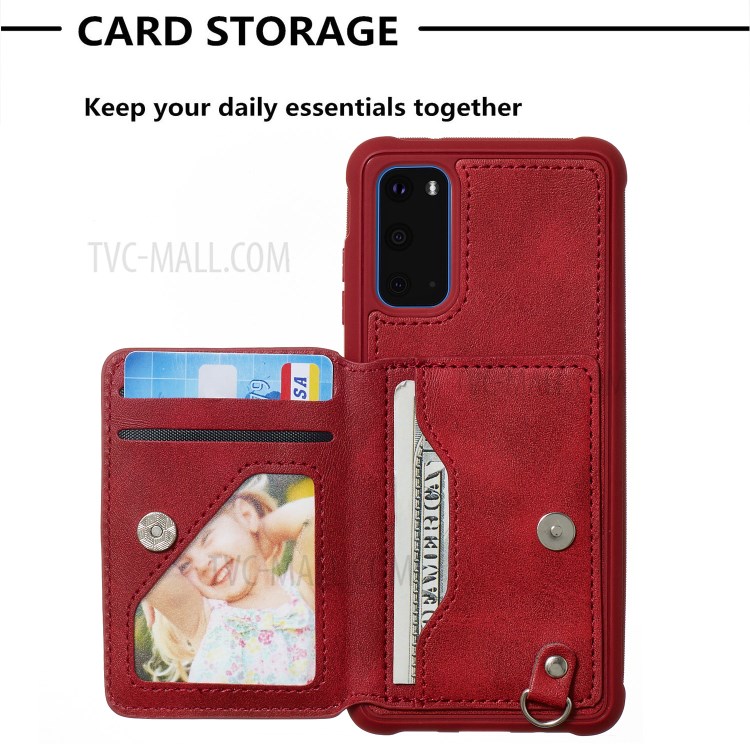 PU Leather Coated TPU Phone Case Cover Card Holder for Samsung Galaxy S20/S11e - Red-7