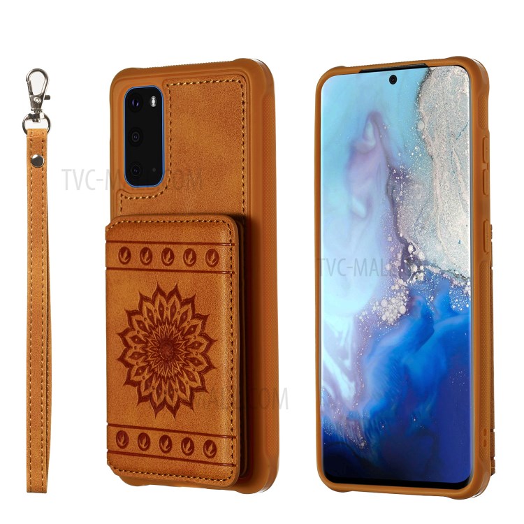 PU Leather Coated TPU Phone Case Cover Card Holder for Samsung Galaxy S20 - Brown-1