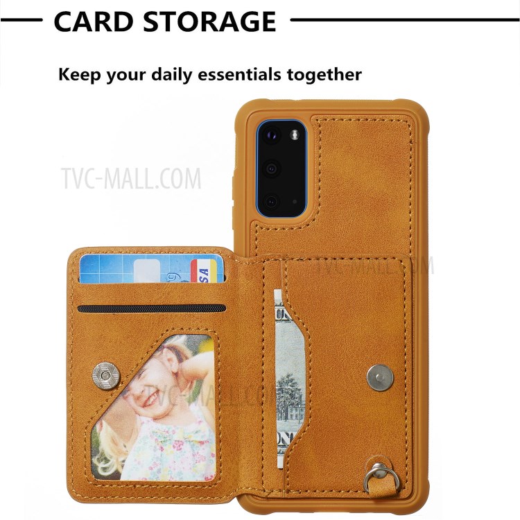 PU Leather Coated TPU Phone Case Cover Card Holder for Samsung Galaxy S20 - Brown-7