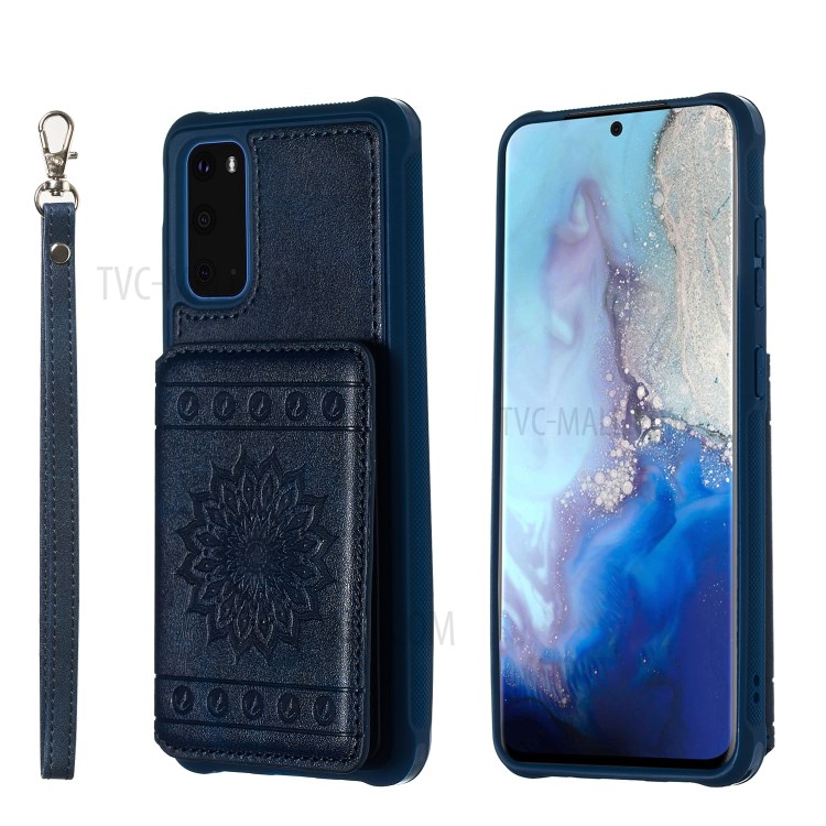 PU Leather Coated TPU Phone Case Cover Card Holder for Samsung Galaxy S20 - Blue-1