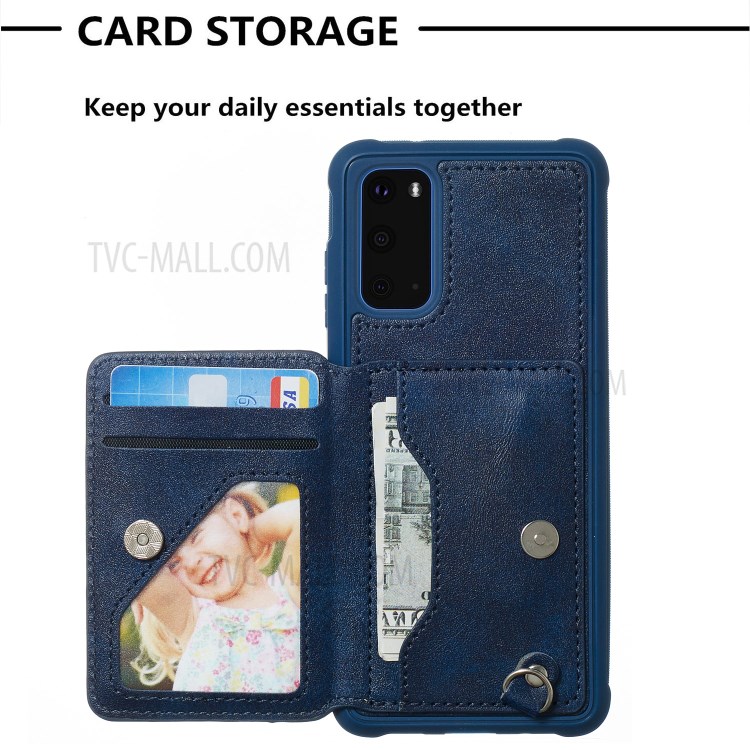 PU Leather Coated TPU Phone Case Cover Card Holder for Samsung Galaxy S20 - Blue-7