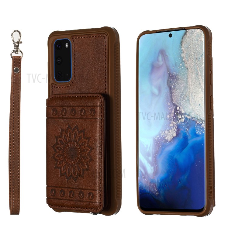 PU Leather Coated TPU Phone Case Cover Card Holder for Samsung Galaxy S20 - Coffee-1