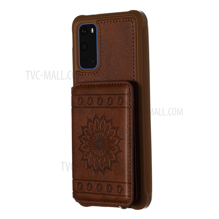 PU Leather Coated TPU Phone Case Cover Card Holder for Samsung Galaxy S20 - Coffee-2