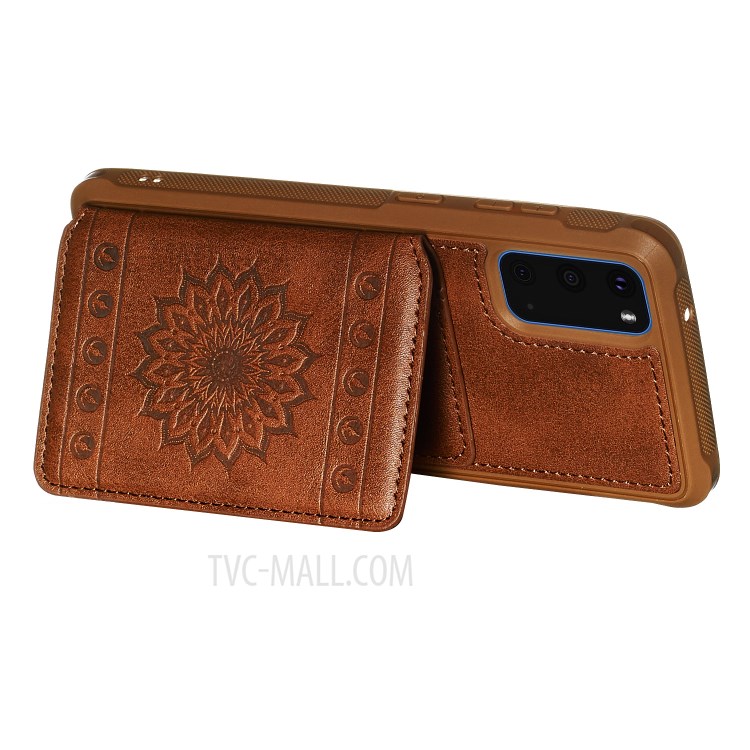 PU Leather Coated TPU Phone Case Cover Card Holder for Samsung Galaxy S20 - Coffee-5