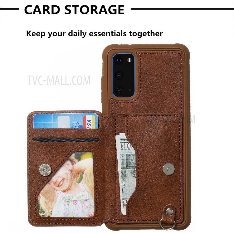 PU Leather Coated TPU Phone Case Cover Card Holder for Samsung Galaxy S20 - Coffee-7