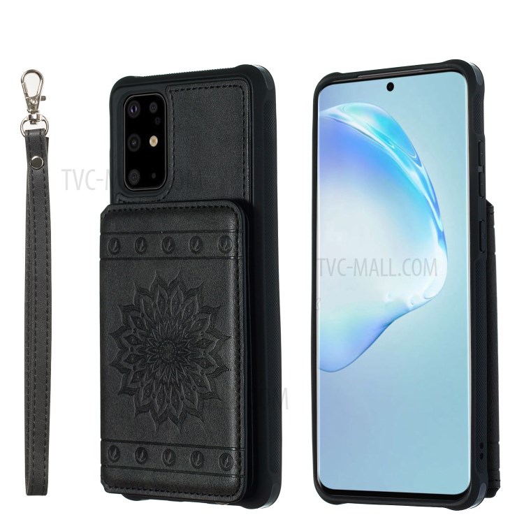 PU Leather Coated TPU Phone Case with Strap Cover for Samsung Galaxy S20 Plus - Black-1