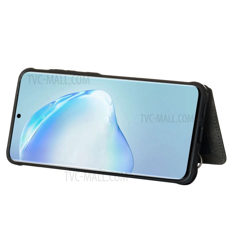 PU Leather Coated TPU Phone Case with Strap Cover for Samsung Galaxy S20 Plus - Black-6