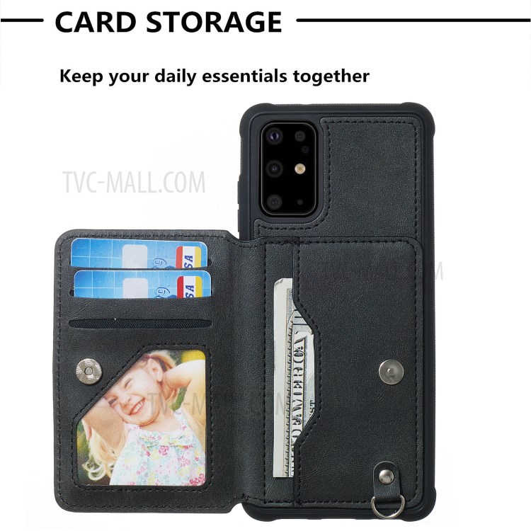 PU Leather Coated TPU Phone Case with Strap Cover for Samsung Galaxy S20 Plus - Black-7