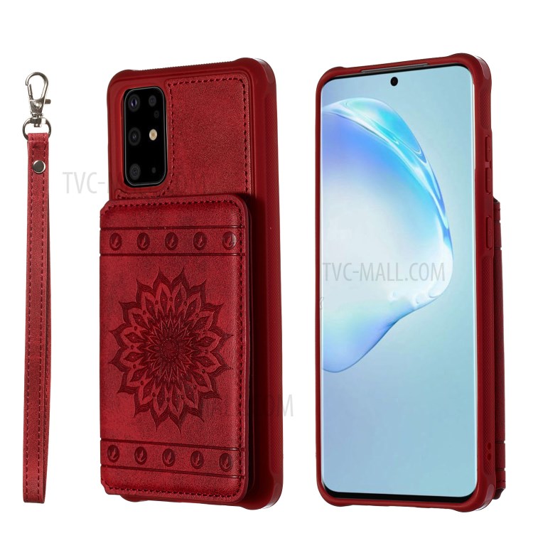PU Leather Coated TPU Phone Case with Strap Cover for Samsung Galaxy S20 Plus - Red-1