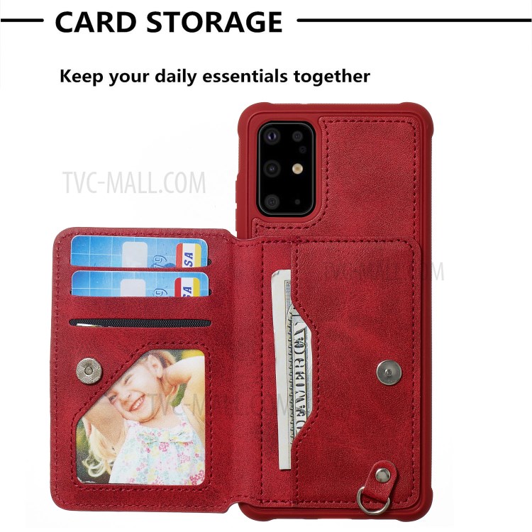 PU Leather Coated TPU Phone Case with Strap Cover for Samsung Galaxy S20 Plus - Red-7