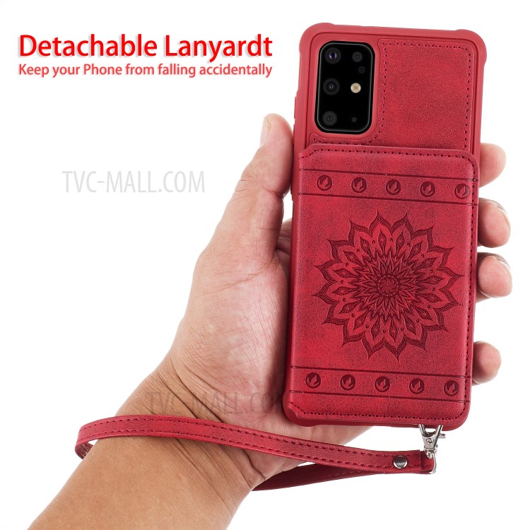 PU Leather Coated TPU Phone Case with Strap Cover for Samsung Galaxy S20 Plus - Red-8
