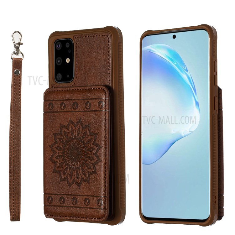 PU Leather Coated TPU Phone Case with Strap Cover for Samsung Galaxy S20 Plus - Coffee-1