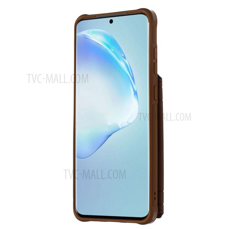PU Leather Coated TPU Phone Case with Strap Cover for Samsung Galaxy S20 Plus - Coffee-3