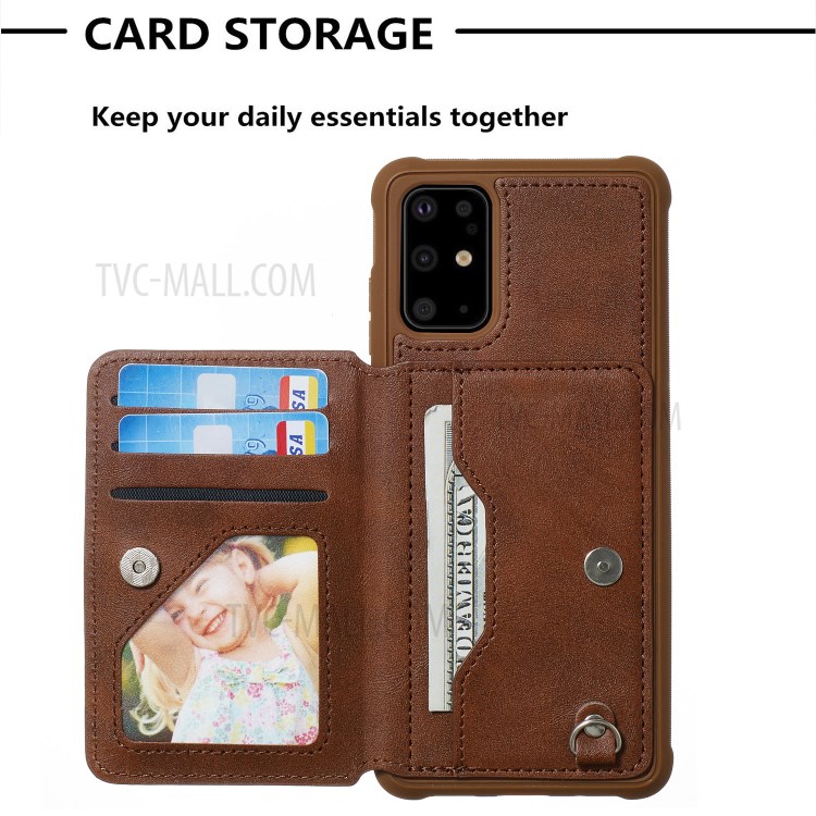 PU Leather Coated TPU Phone Case with Strap Cover for Samsung Galaxy S20 Plus - Coffee-7