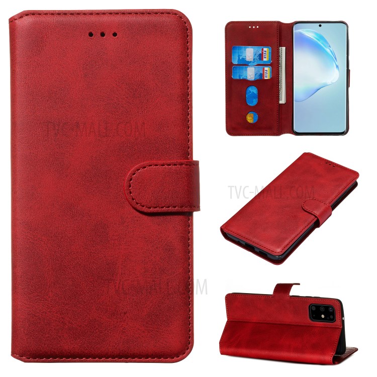 Solid Color Flip Leather Wallet Phone Cover for Samsung Galaxy S20 Plus - Red-1