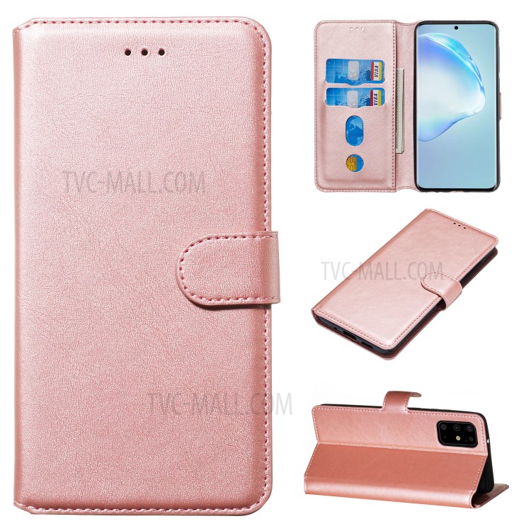 Solid Color Flip Leather Wallet Phone Cover for Samsung Galaxy S20 Plus - Rose Gold-1