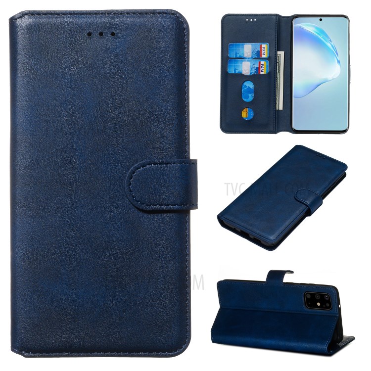 Solid Color Flip Leather Wallet Phone Cover for Samsung Galaxy S20 Plus - Dark Blue-1