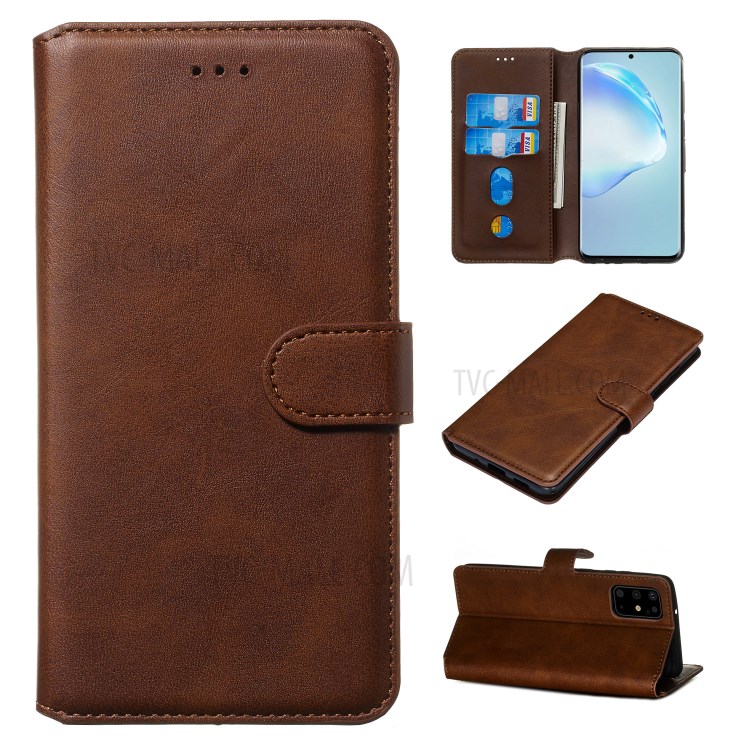 Solid Color Flip Leather Wallet Phone Cover for Samsung Galaxy S20 Plus - Brown-1