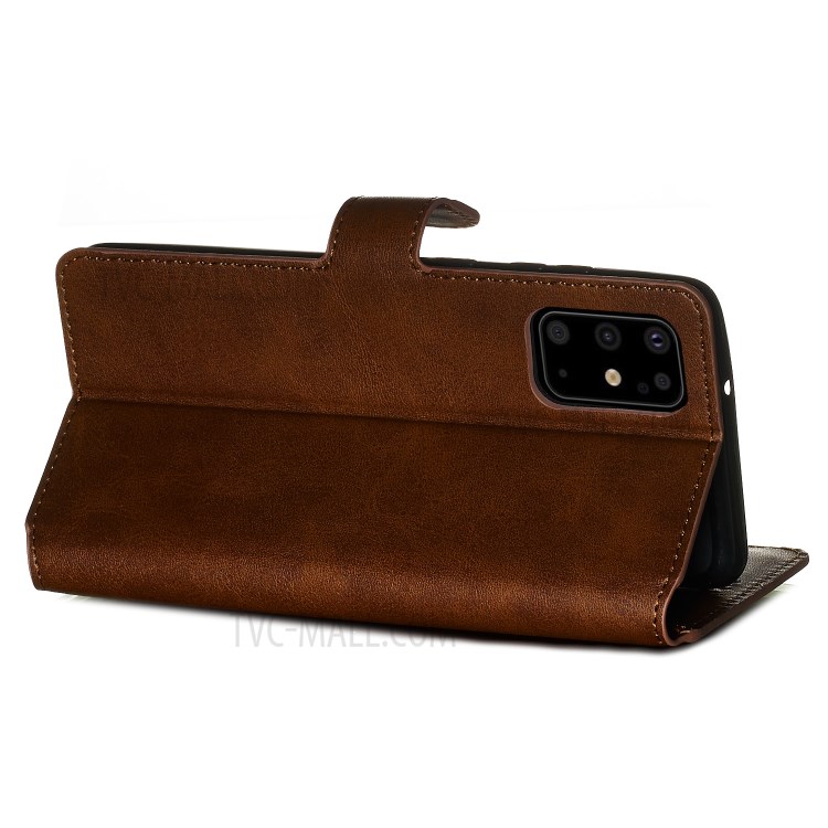 Solid Color Flip Leather Wallet Phone Cover for Samsung Galaxy S20 Plus - Brown-7